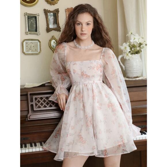 Floral Chiffon Mini Dress Pink White Puff Sleeve Babydoll Cottagecore M - Picture 16 of 16